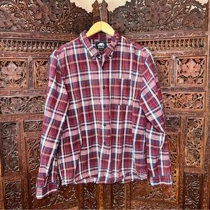 Roots Canada Burgundy Plaid Shirt Button Up Size Large